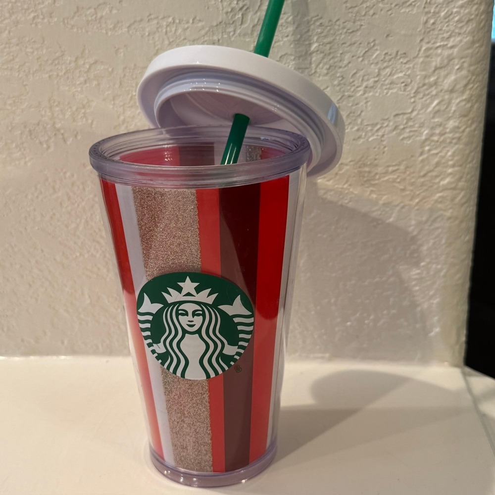 Starbucks Tumbler Cup Red White Brown Glitter Stripe Reusable‎ Travel Mug Lid